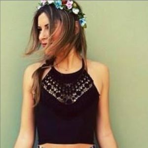 LF Black Crochet Crop Top